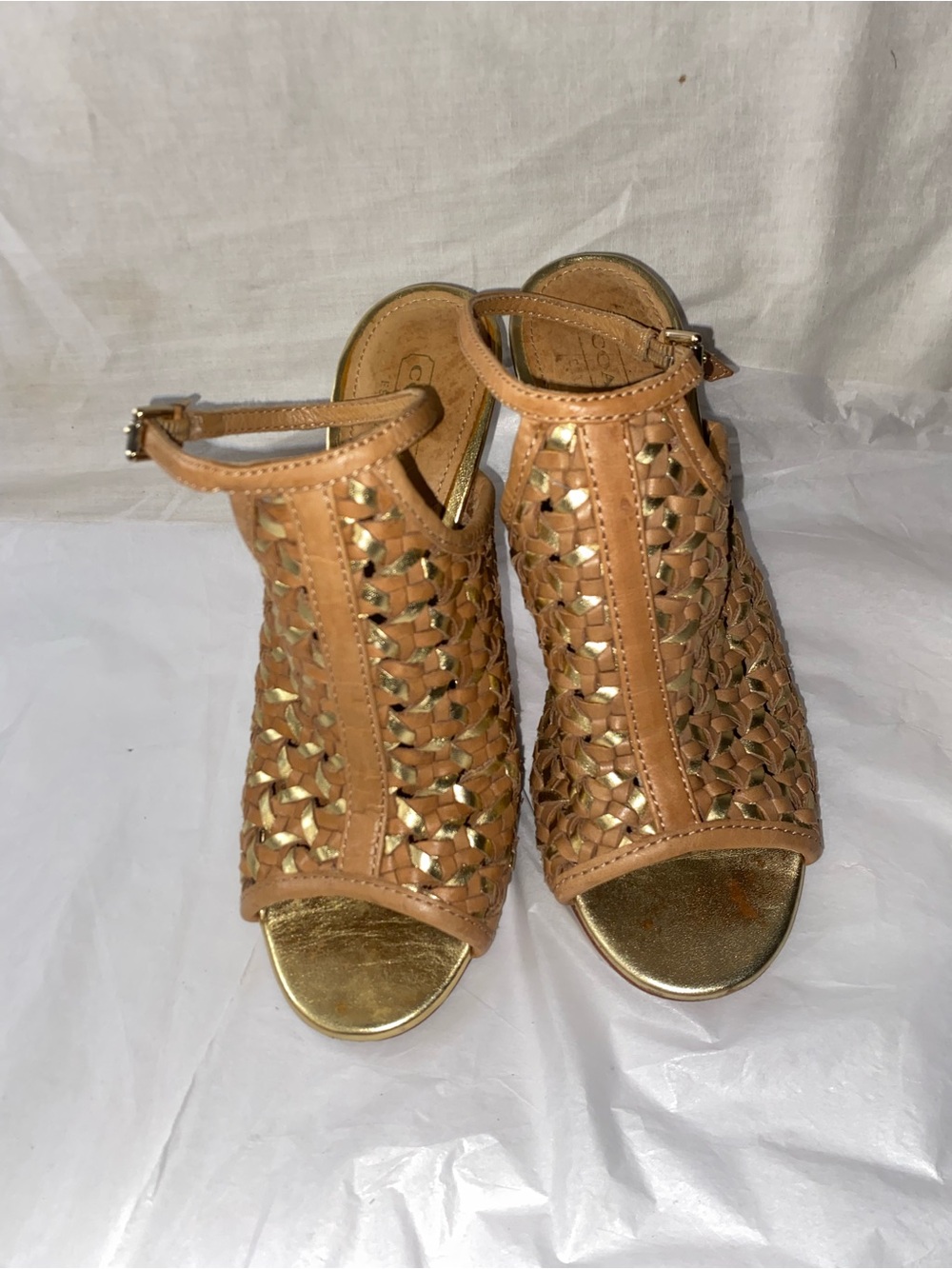 Coach Tan and Gold Woven Leather Peep-Toe Mules - Picture 4 of 8